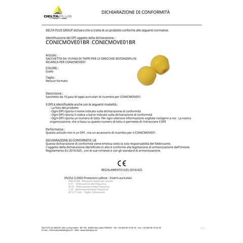 Sacchetto da 10 paia di inserti auricolari di ricambio in PU Delta Plus gialli - CONICMOVE01BRJA